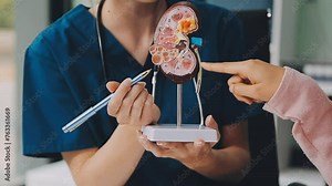 Gastroenterologist doctor explaining liver and gallbladder problems using anatomical model to patient during clinic visit. Treatment of gallbladder and liver diseases