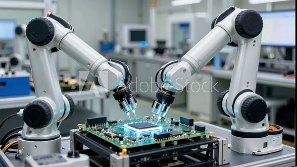 Robotic arms assembling circuit board in electronics manufacturing facility. Dual collaborative robots performing precision soldering on microchip component