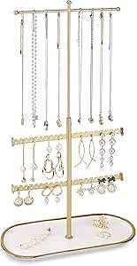 Jenseits Gold Jewelry Organizer Stand with Ceramic Tray – Cute Jewelry Holder for Necklaces, Earrings, Rings & Bracelets, Decorative Jewelry Display for Vanity Dresser, Great Gift for Women & Girls
