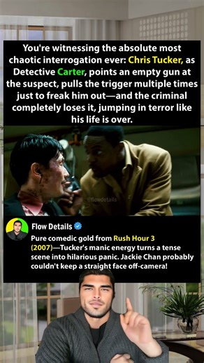 Rush Hour 3 — Carter fires an empty gun to scare a suspect. Chaos, terror jumps, pure comedy gold.