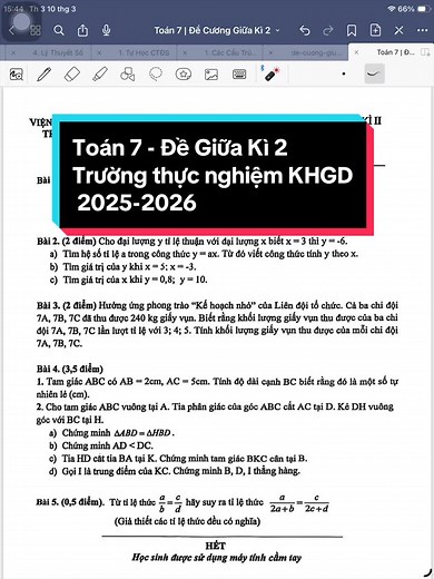Toán 7 - Đề Giữa Kì 2 Trường Thực Nghiệm KHGD 2025-2026