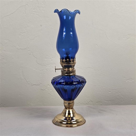 Vintage Cobalt Blue Glass Oil Lamp, Brass Base, Mid Century Decor - Etsy