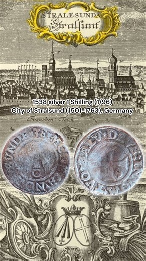 Kristina Kapciukaite on Instagram: "1538 silver 1 Shilling (1/96), City of Stralsund (1501-1763), Germany Obverse: City arms in circle, date at end of legend. Script: Latin Lettering: MONETA.NOVA.SVND(E) Reverse: Short cross in circle, "S" in one angle. Script: Latin Lettering: DEVS.IN.NOM.TVO.SALV. Unabridged legend: Deus in nomine tuo salutis Translation: In your name, God, salvation In the 16th century, Stralsund was a prosperous Hanseatic city transitioning from its medieval "Golden Age" int