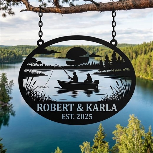 Personalized Fishing Sign for Couple, Metal Lake Decor, Fishing Boat Silhouette Art - Etsy