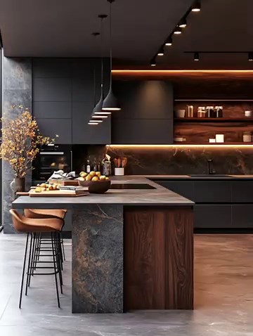 7 Modern & Elegant Kitchen Ideas in Dark Grey & Walnut Wood #interiordesign #cozyambience #kitchen