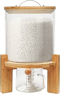 Flour and Cereal Container, Rice Dispenser 5L Glass Food Storge Container for Kitchen Organization and Pantry Store, with Airtight Lid, Measuring Cup and Wooden Stand
