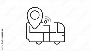 Bus tracking line animation. Animated vehicle and location pin icon. Real-time tracking. Autonomous shuttle. Black illustration on white background. HD video with alpha channel. Motion graphic