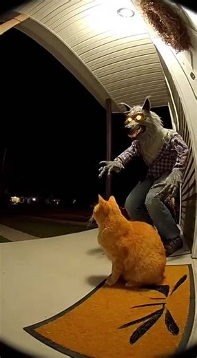 Doorbell camera captures the hilarious moment an orange cat peacefully sitting on a porch gets the shock of its life when a motion-activated werewolf decoration suddenly howls and moves.