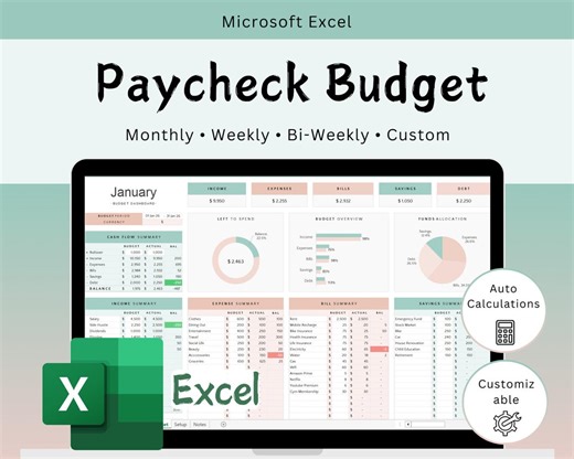 Paycheck Budget Spreadsheet Planner Excel | Paycheck Expense, Financial Tracker | Monthly / Bi-weekly / Weekly / Custom - Etsy