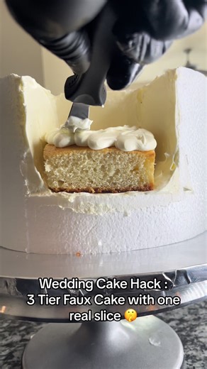 3 tier faux cake! Ideal for weddings with a small guest list or if you want a large cake for display with sheet cake to serve guest. Let me know if I should post a tutorial in the comments! #baker #bakersoftiktok #weddingtiktok #fauxcake #weddingcake #weddingcakes #southcarolinawedding #cakedecoration #tiktoktaughtme #diy #hacks #weddinghacks