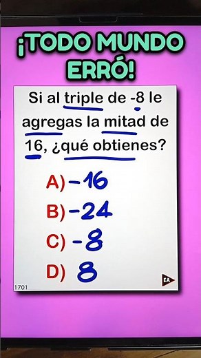 If you add half of 16 to three times -8, what do you get? 🙂‼️ #mathematics #math (▶3609)
