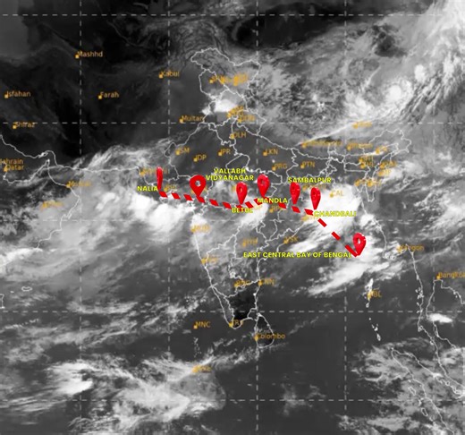 20K views · 280 reactions | Monsoon Trough Position of Monsoon trough based on 0830 hrs IST Observation on 20th August 2025 The monsoon trough passes through Nalia, Vallabh Vidyanagar, Betul, Mandla, Sambalpur, Chandbali & thence east-southeastwards to eastcentral Bay of Bengal extending upto 1.5 km above mean sea level. #imd #MonsoonTrough #WeatherUpdate #Rainfall #Meteorology #mausam #Monsoon | India Meteorological Department | Facebook