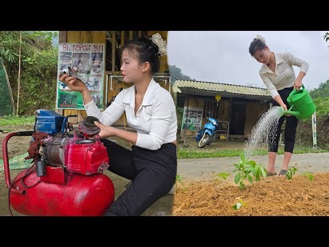The girl takes care of the flower garden and repairs the air compressor perfectly.