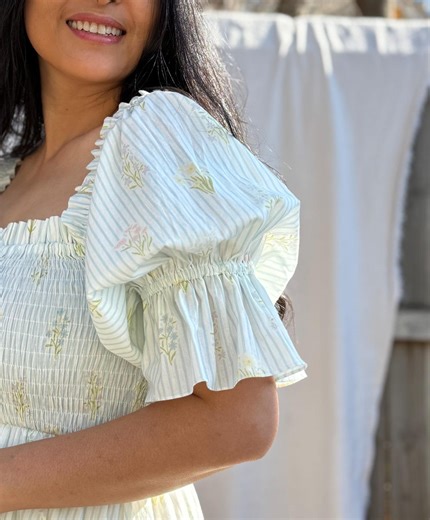 Cottagecore Blue Stripe Floral Maxi Dress Smocked Bodice Puff Sleeve Cotton Poplin Maternity Baby Shower Summer Spring Engagement Family - Etsy