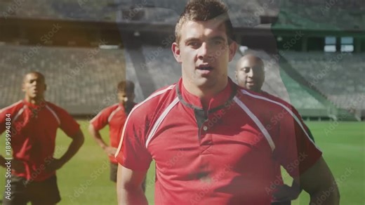 Animation of flag of ireland over diverse male rugby players at stadium