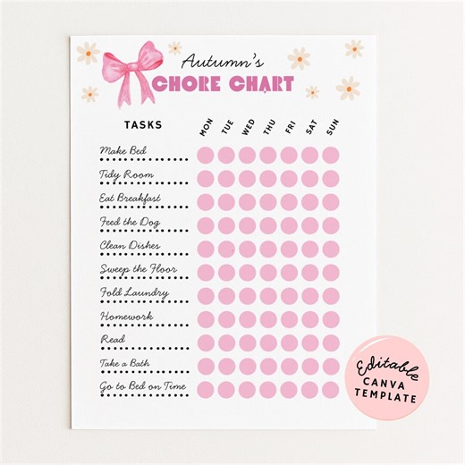 Chore Chart Printable for Teen and Tween Girls: Editable Canva Template Instant Digital Download - Etsy