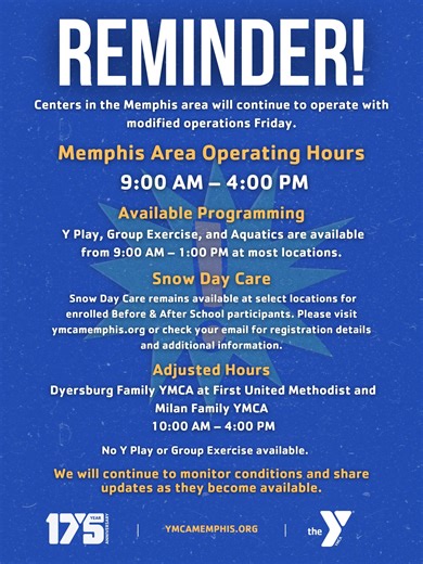 YMCA of Memphis & Mid-South on Instagram: "On Friday, January 30, Centers in the Memphis area will operate with modified operations. The following Centers will be operating with Modified Hours of 9:00 AM – 4:00 PM: Bartlett YMCA Church Health YMCA Cordova Family YMCA Fogelman Downtown YMCA Georgette & Cato Johnson YMCA Millington Family YMCA Ric Nuber YMCA Olive Branch Family YMCA Oxford YMCA** YMCA at Schilling Farms Aquatics, group exercise classes, and YPlay will operate from 9:00 AM - 1:00 P