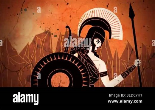 amazon warrior running with shield and spear across battlefield in ancient greek orange vase style Stock Video Footage - Alamy