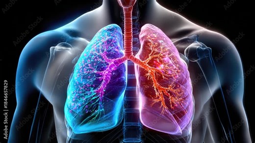 Medical animation of the human respiratory system showing lungs, trachea and bronchi in a transparent figure, illustrating inspiration and expiration during breathing