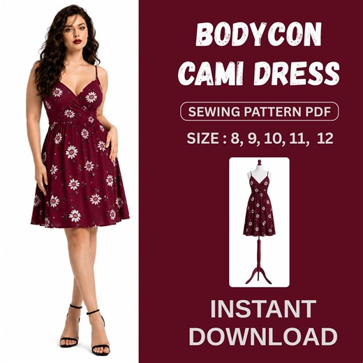 Bodycon Cami Dress Sewing Pattern PDF, UK Sizes 8-12 Layered Pattern, Instant Download, Projector Friendly Dress Template - Etsy