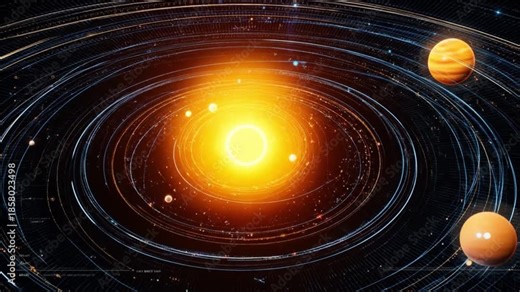 Bright sun glows at center with spiraling orbits and orbiting planets against a starry cosmos, vast