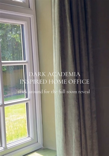 First look of our dark academia inspired home office, full room reveal pending stick around to see it curtains are the Alva Basil Green with double pinch pleat heading from @Blinds2Go ad #roomtransformation #homeoffice #homeinterior #cosyhome #vintagehome