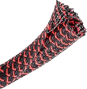 CrocSee 25ft - 1/2 inch Braided Cable Management Sleeve Cord Protector - Self-Wrapping Split Wire Loom for TV/Computer/Home Theater/Engine Bay - Black/Red