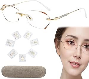 Women's Diamond Rimless Anti-blue Light Presbyopia Glasses, Fashionable Anti-Blue Light Rimless Reading Glasses (2.5,Gold)