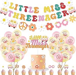 K KUMEED Groovy Birthday Decorations,Hippie Boho Party Decorations Include Little Miss Threenager Banner Cake Toppers Daisy Number 3 Foil Balloon for 3 Year Old Girl Retro Rainbow Party Supplies