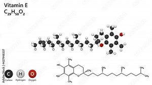 Chemical structure of Vitamin E (alpha-Tocopherol). Formula: C29H50O2. 3D render. Seamless loop. Chemical structure model: Ball and Stick. White background.
