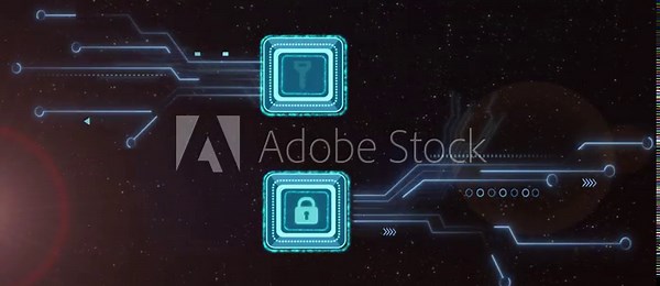 Displaying two cyan neon modules pulsing on digital HUD over stars, showing key and padlock icons