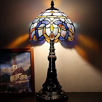 Small Tiffany Lamp Mini Stained Glass Desk Lamp Vintage Table Lamp Tiffany Style Night Light 8X17.5 Inch (Blue Purple Cloudy Style)