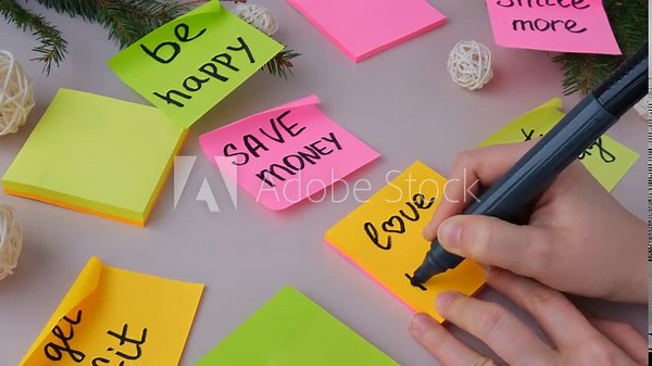 LOVE MORE text Unrecognizable woman writing new year's resolutions on colorful sticky notes. Making promises for new year, setting goals. Creating vision board motivation