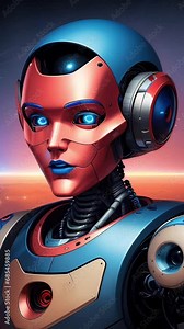 Robot portrait with blue eyes in a futuristic setting