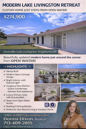 🏡 Modern Lake Livingston Retreat – Just Steps from Open Water! 📞 Call Donna Dixon, Realtor 713-409-2815 Legacy Real Estate Group $274,900. #Lakehouse #lakelivingston #lakehomesforsale #lakelivingstonrealestate #investmenthomesforsale