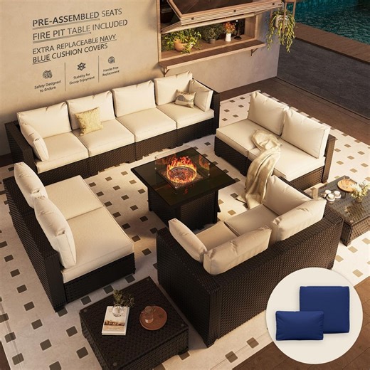 Check The Home Depot's Q&A Before Buying: Stabenton 12-Piece Wicker Rattan Outdoor Patio Conversation Sectional Seating Set with Middle Chairs and Beige Cushions