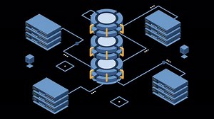 Isometric cloud database animation. Database with cloud server. Cloud storage. Data transmission