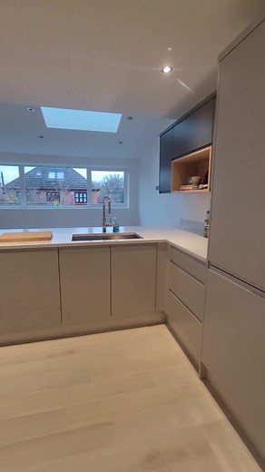 Modern Kitchen Renovation with Japandi Oak Open Shelving in Pebble Grey | Wren Kitchens