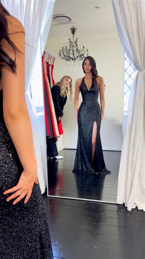 STUDIO MINC ® on Instagram: "Introducing ‘Rendezvous’ - this silhouette is silhouettttinnnnggg - it’s giving body with plunging halter cut, subtle cowl, open back, waist snatching design with internal corset structure and lace up. 🖤🔥 the fabric is a net with a composition of tiny sequins and glass beads. 4 x colours available #formaldress #promdress #eveningdress #blacktie #prom"