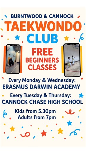 Every Monday & Wednesday: ERASMUS DARWIN ACADEMY Every Tuesday and Thursday: CANNOCK CHASE HIGH SCHOOL Kids from 5.30pm Adults from 7pm ▪️ Build Confidence ▪️Connect through Discipline ▪️ Empower with Self-Defence #nevertooold #tkd #taekwondo #beginners #kids #adults #martialarts #Burntwood #cannock #tagb | Kids Martial Arts Burntwood & Cannock Club | Facebook