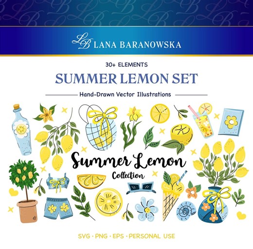 Summer Lemon Set Hand Drawn Vector PNG SVG EPS - Etsy
