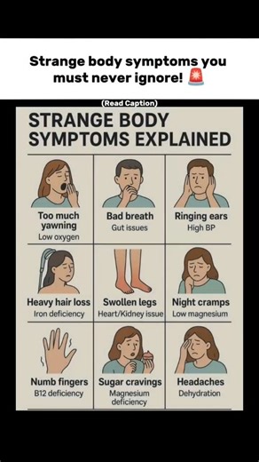 Chinmaya Advance Research Education on Instagram: "Your body whispers before it screams "small" symptoms could point to something much bigger. Don't overlook them: Heavy hair loss Swollen legs Too much yawning = low oxygen Heart/Kidney issue Bad breath = gut issues Ringing ears = high blood pressure Heavy hair loss = iron deficiency Swollen legs = heart/kidney trouble Night cramps = low magnesium Numb fingers = B12 deficiency Sugar cravings = magnesium deficiency Headaches dehydration cravings B