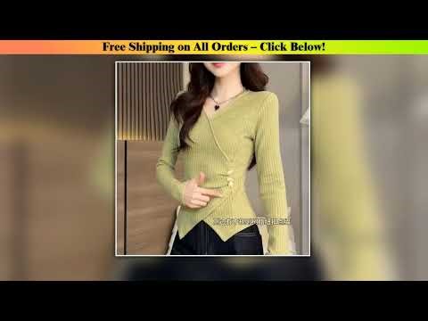 Fashionable Decorative Button Longsleeved Tshirt for Women in Spring and Autumn Design Waisthugging