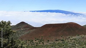 Mauna Loa volcano from Mauna Kea Hawaii above clouds. Mauna Kea Observatories, MKO, astronomical research facilities and large telescope. NASA and international partners.