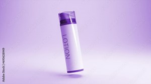Chic lotion bottle in 3D animation with a smooth, matte finish and a touch of purple, set against a matching lavender background.