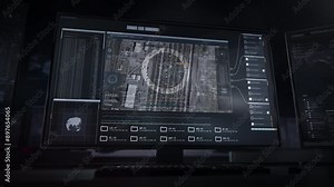 Computer Screen With Data. Scanning Military Tanks Territory In Usa In Surveillance Software. Modern User Interface With Data To Watch Over Army Forces. Using Satellite Cameras To Get Data.