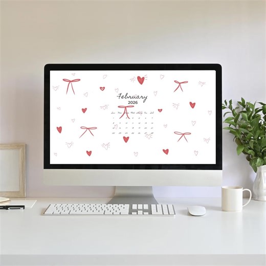 February 2026 Desktop Wallpaper – Hearts & Bows Calendar (digital Download) - Etsy Canada