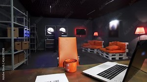 Funny caucasian bearded man put on stylish sunglasses and red checkered shirt with small wireless mic is looking at camera and dynamically dancing in smoking room with modern furniture.