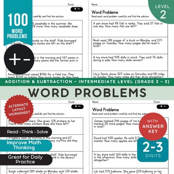 Addition & Subtraction Math Word Problems Worksheets | 100 Problems | Grade 2-3