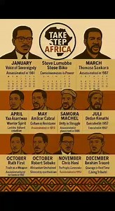 � ANNOUNCEMENT: THE TAKE STEP AFRICA HEROES CALENDAR IS HERE We proudly unveil the Take Step Africa Heroes Calendar tribute to the revolutionary souls who gave their lives for Africa’s freedom, dignity, and future. Every month honors a bold leader whose blood nourished the roots of resistance. From Patrice Lumumba, assassinated in 1961 � for daring to speak sovereignty, to Steve Biko, who died in detention in 1977 � with consciousness as his weapon, this calendar tells the truth they tried to bu